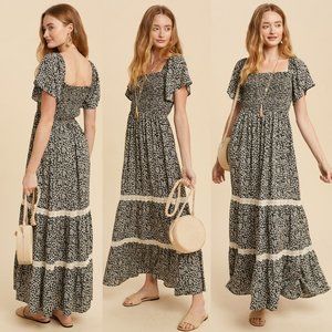 NEW Black Ditsy Floral Smock Square Neck Bodice Lace Trim Skirt Boho Maxi Dress
